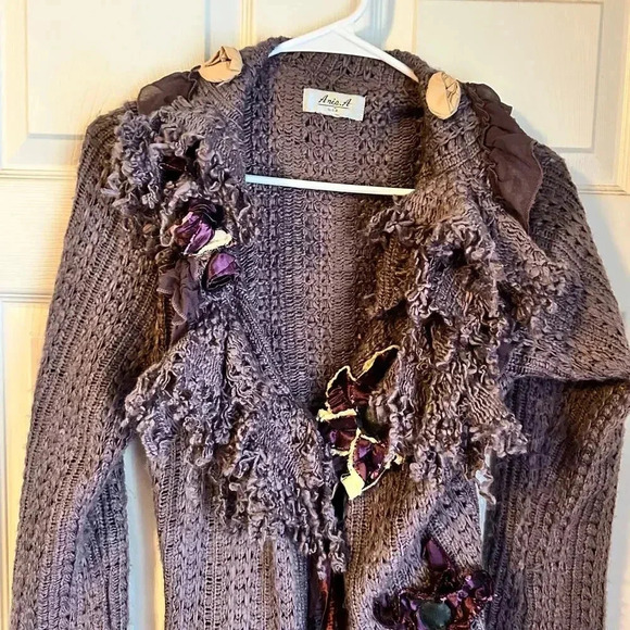 ANIA. A Women’s Vintage Knitted Duster Sweater Tie Y2K Boho Flowers Artsy - Picture 3 of 7
